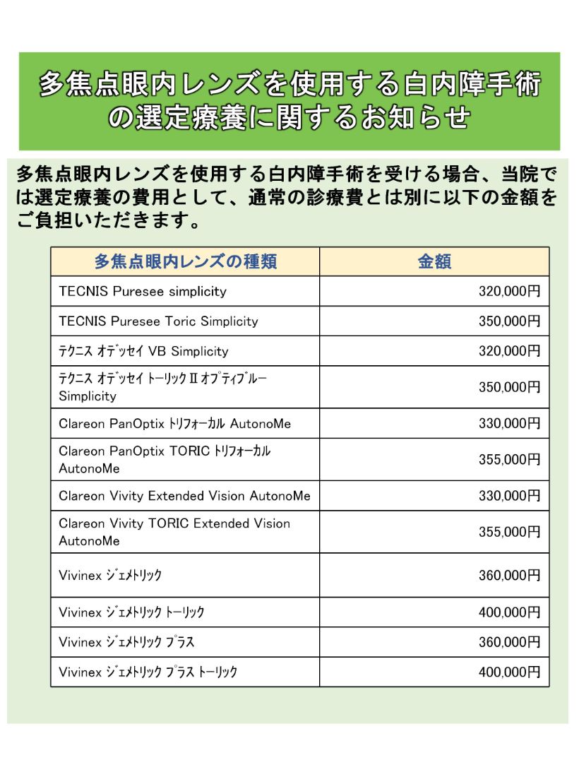 多焦点眼内レンズを使用する白内障手術の選定療養に関するお知らせ